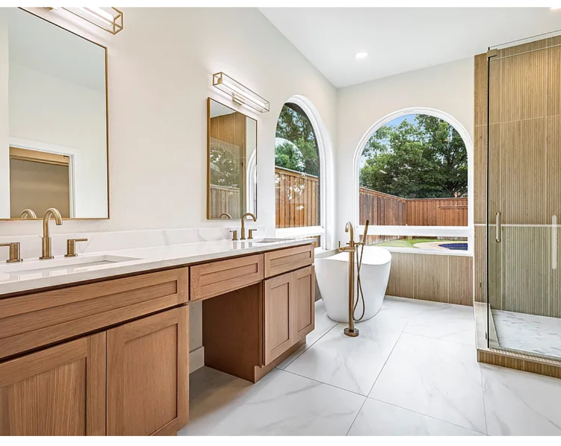White Oak Bath with Arched Windows in Prosper, TX by SHADELE Design & Remodeling