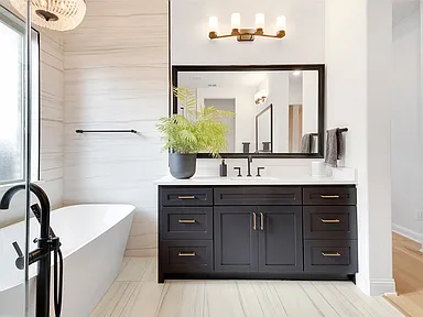 Black Vanity with Brass Hardware in Prosper, TX by SHADELE Design & Remodeling