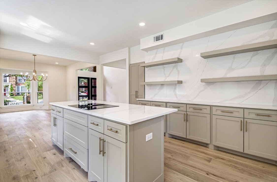 Marble Backsplash & Floating Shelves in Plano, TX by SHADELE Design & Remodeling