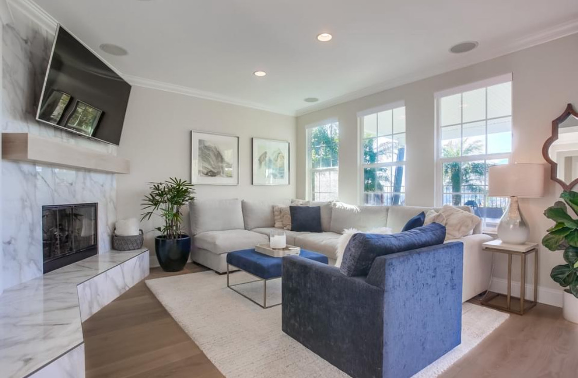 Coastal Modern Family Room in Frisco, TX by SHADELE Design & Remodeling