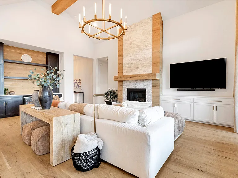 Great Room with Statement Chandelier in Prosper, TX by SHADELE Design & Remodeling